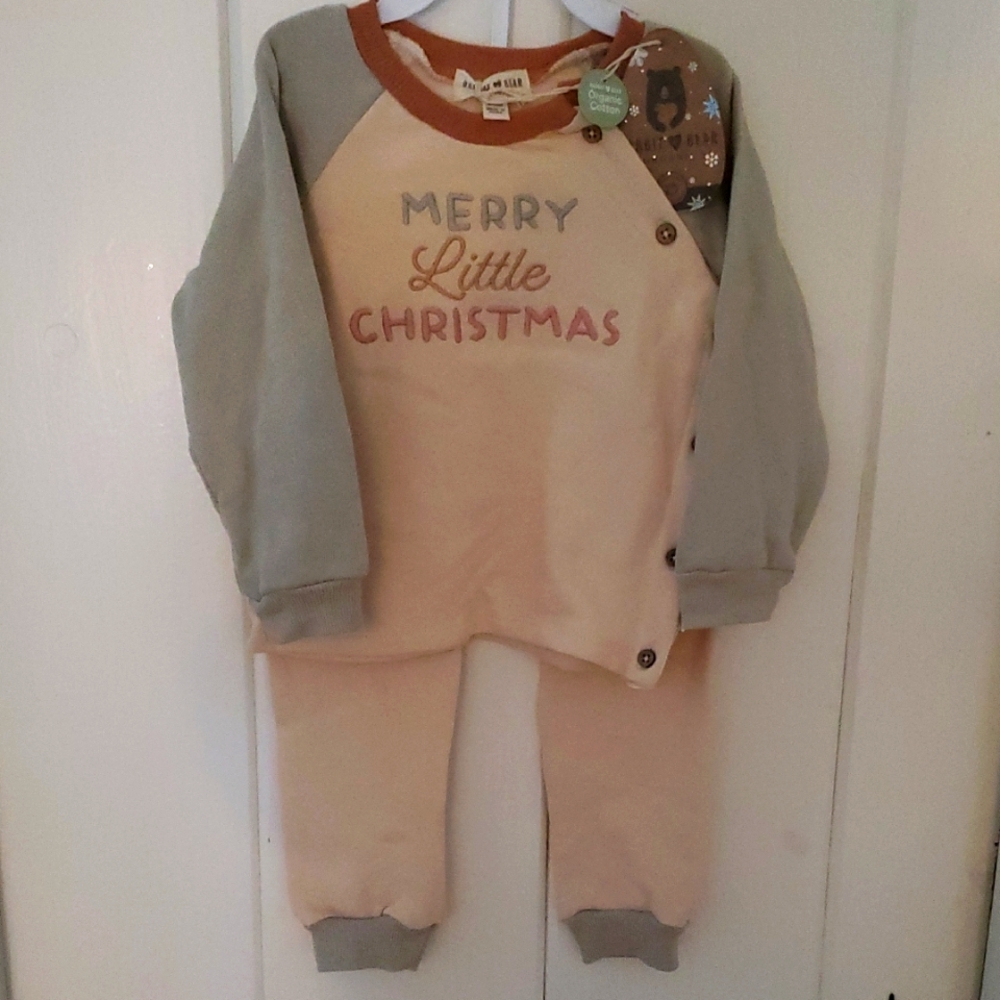 NWT Rabbit+Bear Merry Little Christmas Green & Biege Sweatshirt Set  Size 24 M